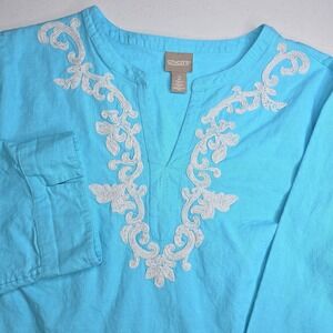 CHICO'S Women's Size 2 Light Blue Popover Top Embroidered Tunic -2254